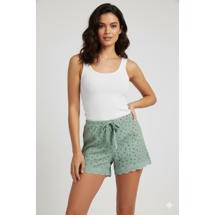 Düz Renk Mini Çiçek Desenli Penye Kadın Ev Şortu Bacak Dantel Detaylı Ev Giyim Yeşil