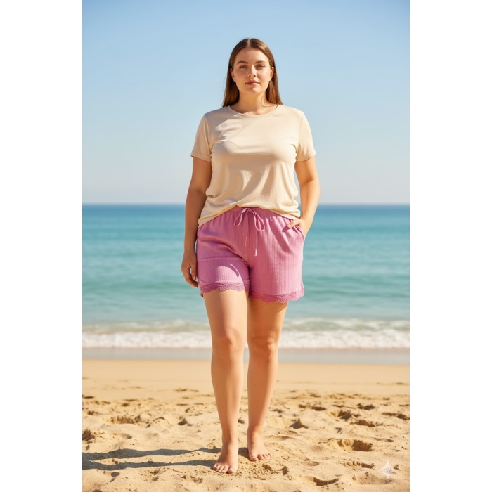 Bambu Fitilli Kadın Ev Şortu Bacak Dantel Detaylı Ev Giyim Pembe