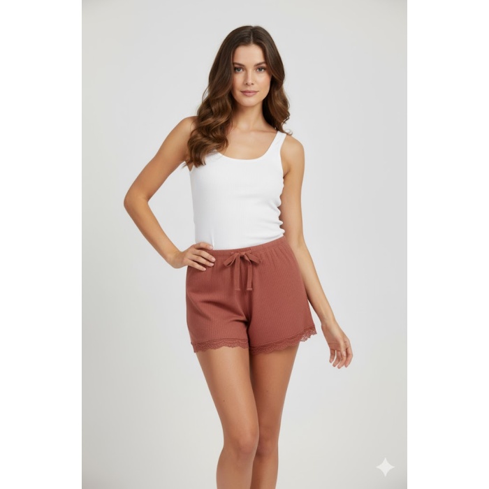 Bambu Fitilli Kadın Ev Şortu Bacak Dantel Detaylı Ev Giyim Taba