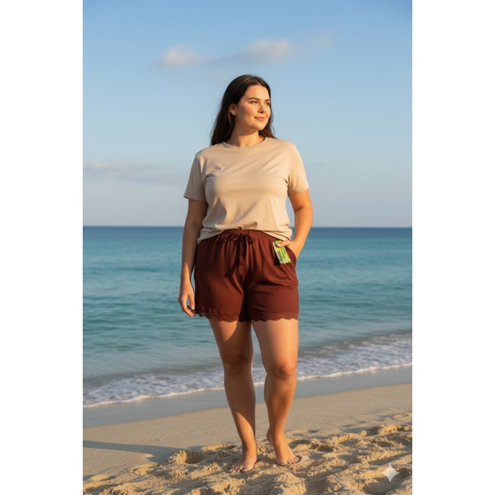 Bambu Fitilli Kadın Ev Şortu Bacak Dantel Detaylı Ev Giyim Koyu Taba