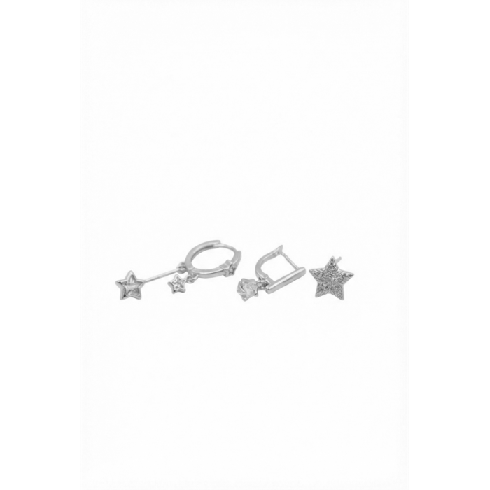 3lü Taşlı Halka Küpe - Gümüş