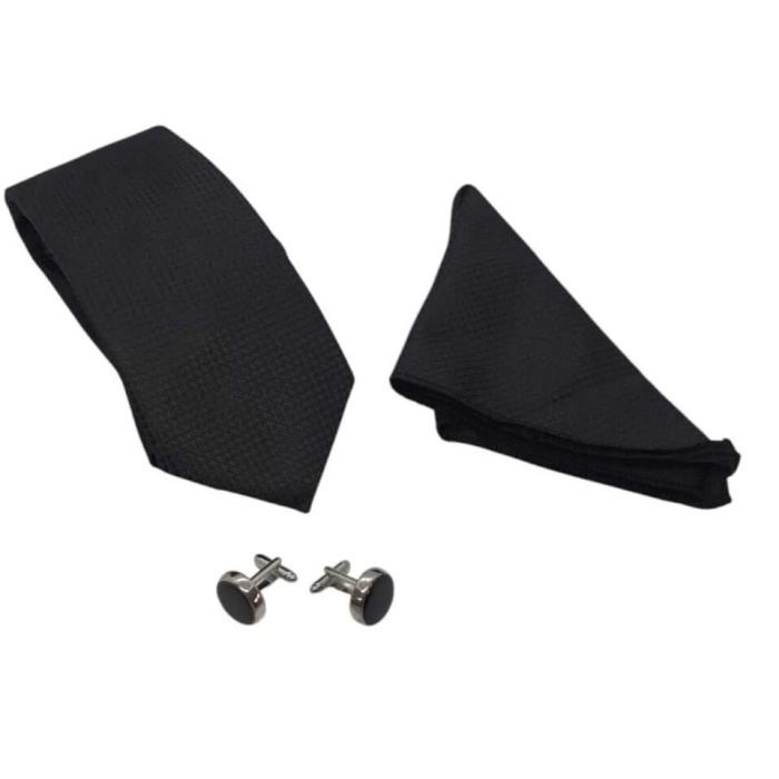 Kravat Düğme Set Siyah Desenli Kravat Mendil Kol Düğmesi Özel Set