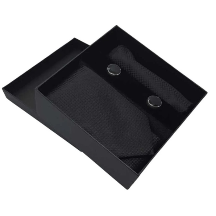 Kravat Düğme Set Siyah Desenli Kravat Mendil Kol Düğmesi Özel Set