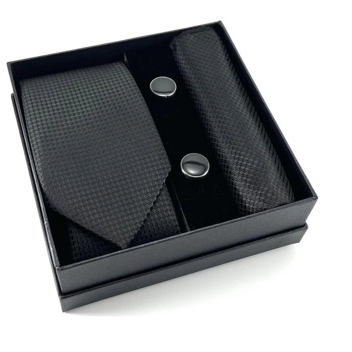 Kravat Düğme Set Siyah Desenli Kravat Mendil Kol Düğmesi Özel Set