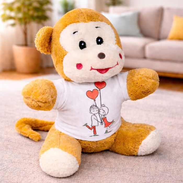 Mutlu Aşıklar Tasarım Tişörtlü Peluş Sevimli Maymun