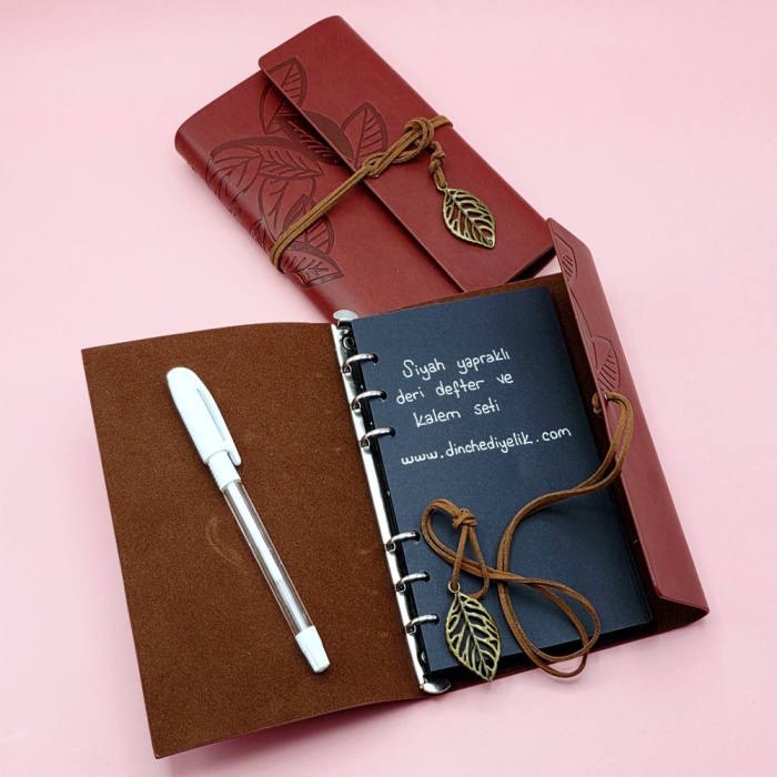 Kahverengi Siyah Yapraklı Deri Defter Ve Beyaz Jel Kalem Set
