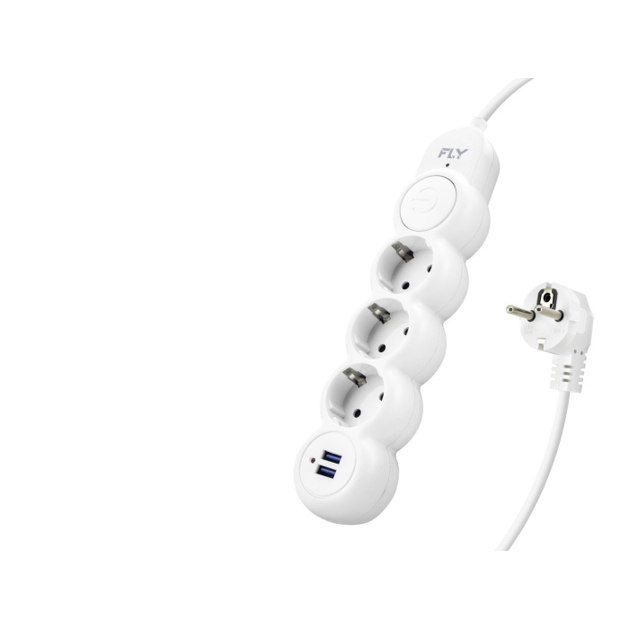 Termal Akım Korumalı Uzatma Kablosu 3 Priz + 2X Usb 2.1A Anahtarlı 2 M - Beyaz 3393-01