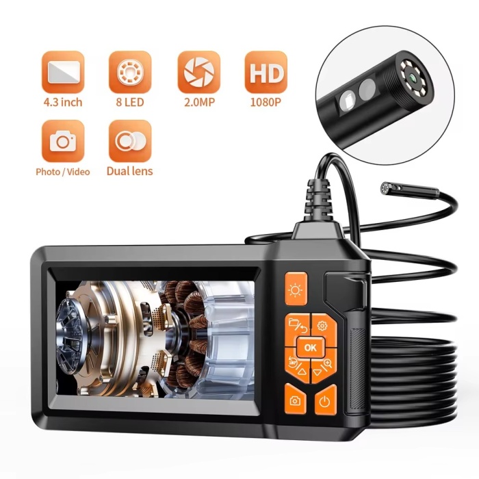 10 Mt Ekranlı 2 Kameralı Endoskop Yılan Kamera Hafıza Girişli Sert Kablo Işıklı 8 MM