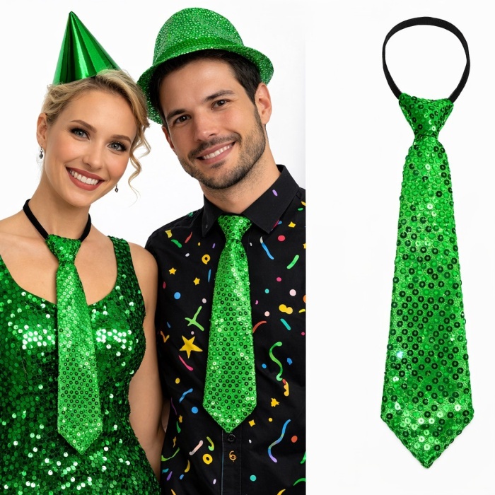 Yeşil Renk Pul Payetli Işıltılı Parti Kravatı 33 cm