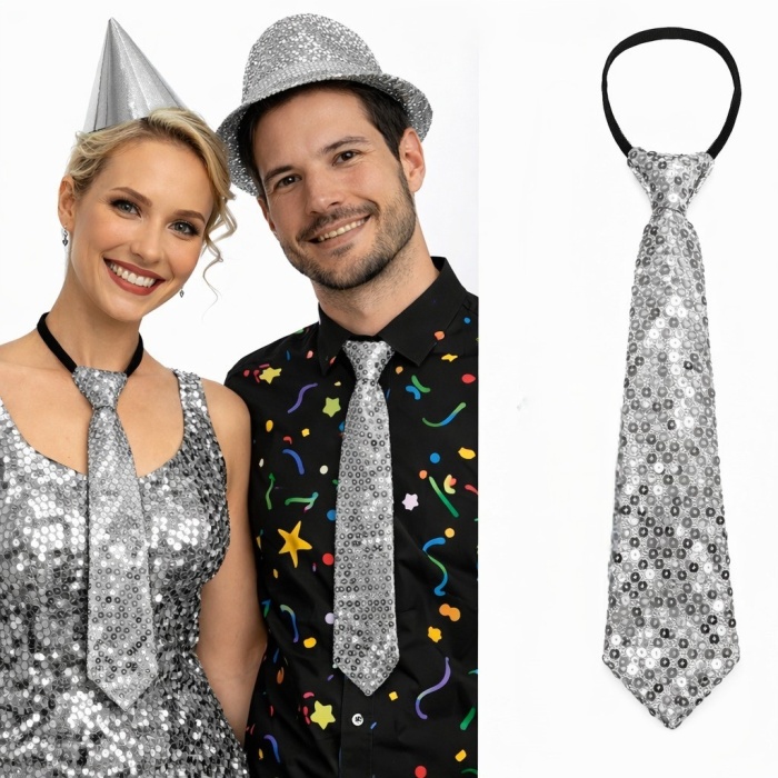 Gümüş Renk Pul Payetli Işıltılı Parti Kravatı 33 cm