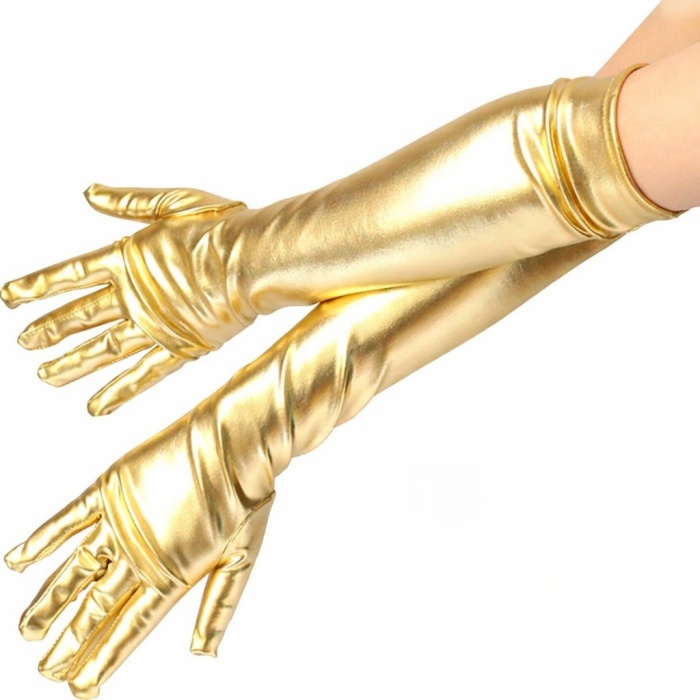 Altın Renk Dirsek Altı Lüks Saten Eldiven 40 cm