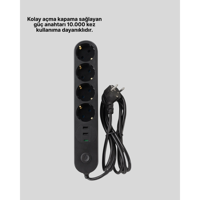 Akım Korumalı Çoklu Priz 4’lü 2 USB 1 Type-C 2500W Güçlü Tasarım