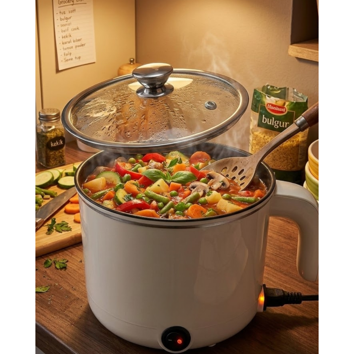 Mini Elektrikli Yemek Pişirici 1 Litre Buharlı Pişirme Tepsili Mutfak Tenceresi