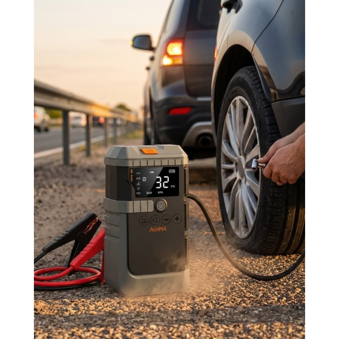 Araç Akü Takviye Powerbank Lastik Şişirme Kompresörü LED Işıklı Çok Fonksiyonlu Acil Durum Cihazı