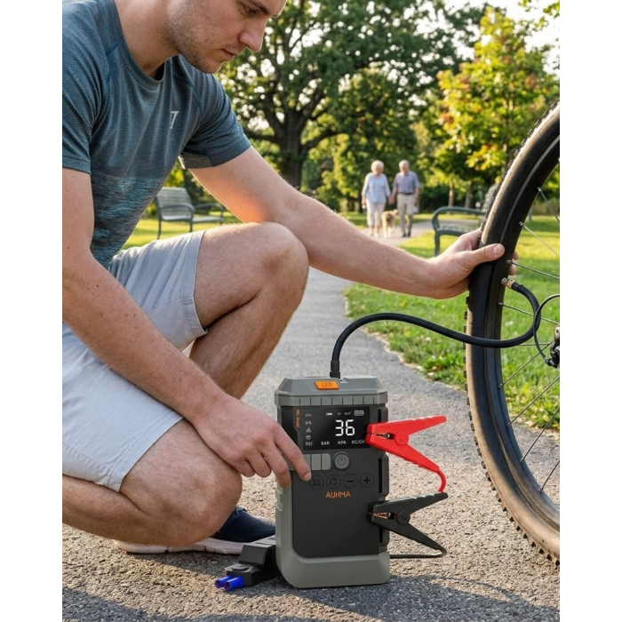 Araç Lastik Basınç Pompası Akü Takviye Powerbank ve SOS Işıklı Çok Fonksiyonlu Cihaz