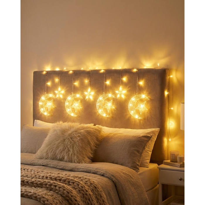 Ramazan İçin Hilal Yıldız Işık Zinciri Yanıp Sönen ve Sabit Modlu