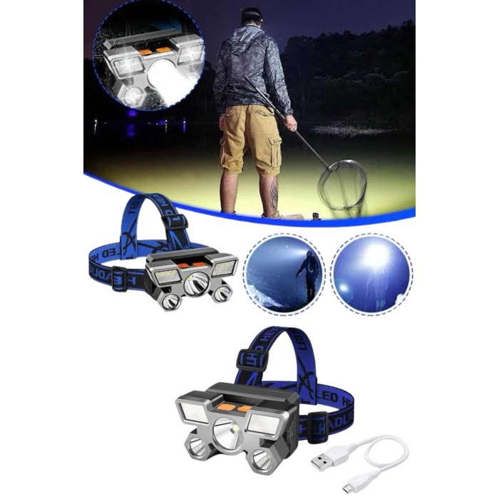 5 LED Far Şarj Edilebilir Güçlü Kafa Lambası Kamp Lambası 4 Modlu