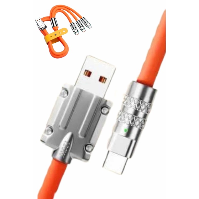 120W Silikon Metal Uçlu LED Işıklı 3 In1 Şarj Kablosu 1.2m