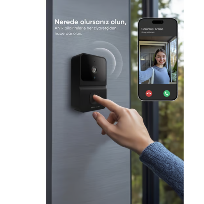 WiFi Akıllı Kapı Zili 85 Derece Geniş Açı Android iOS Uyumlu