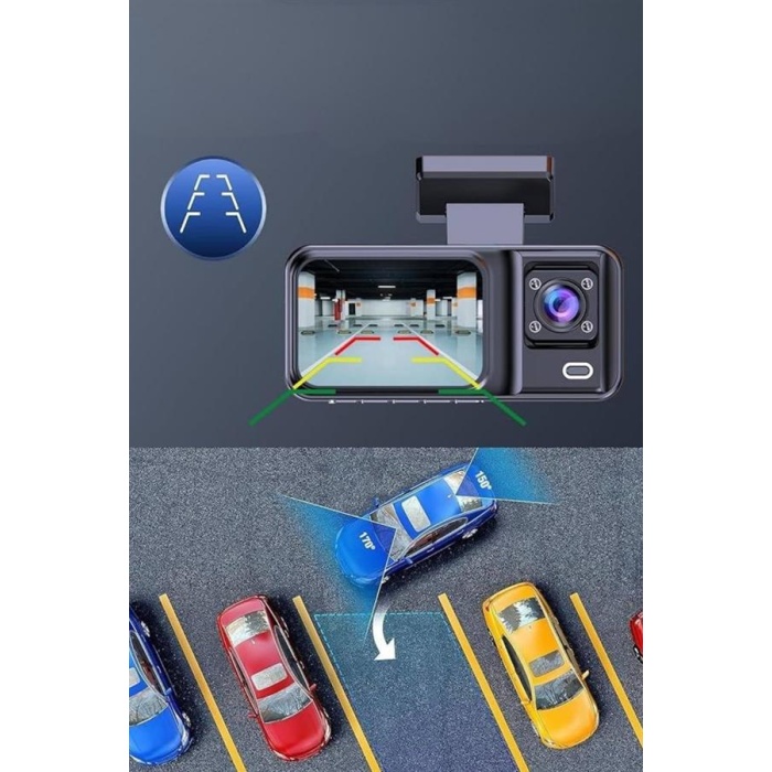 1080P 3 Lensli WİFİ Araç İçi Kameralı Ekran DVR Kaydedici Gece Görüşlü