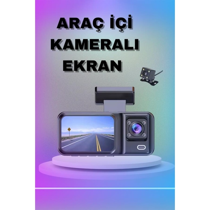 1080P 3 Lensli WİFİ Araç İçi Kameralı Ekran DVR Kaydedici Gece Görüşlü