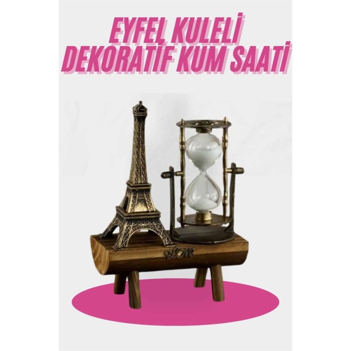 Eyfel Kulesi Tasarımlı Kum Saati Kristalleştirilmiş Kum Saati Dekoratif Ahşap Görünümlü