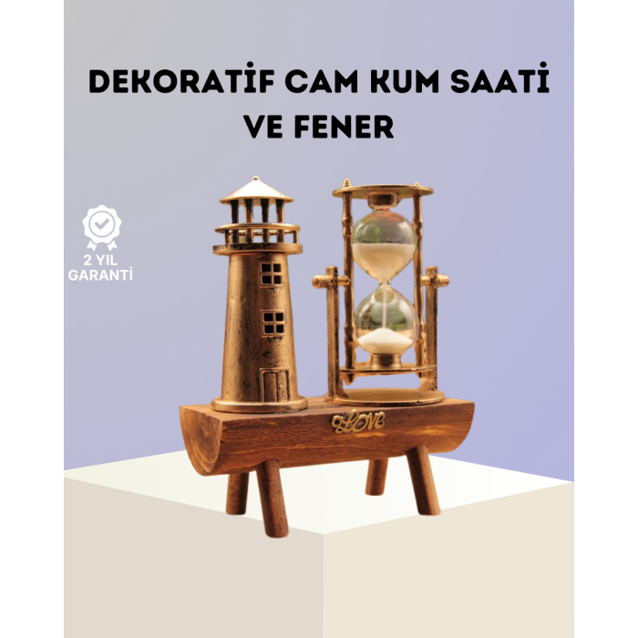 Dekoratif Ahşap Kum Saati ve Deniz Feneri Figürlü Masa Süsü – Şık ve Fonksiyonel Tasarım