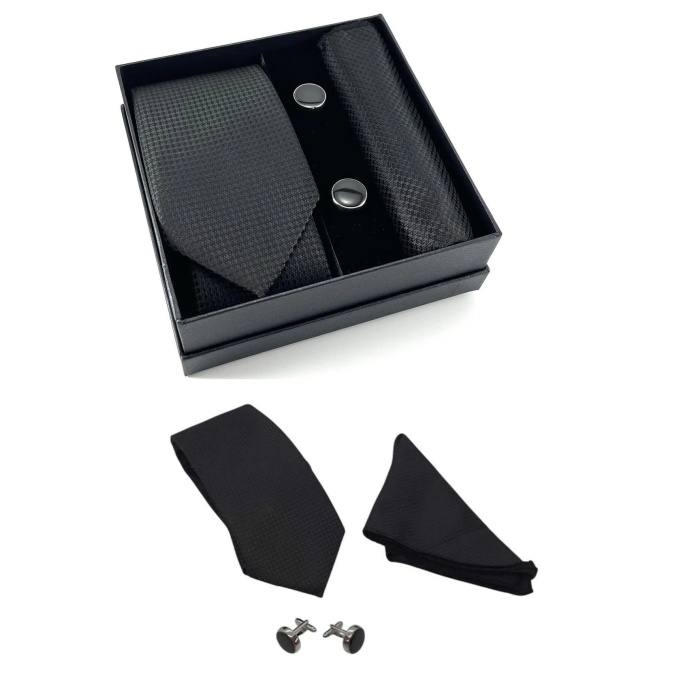 Kravat Düğme Set Siyah Desenli Kravat Mendil Kol Düğmesi Özel Set