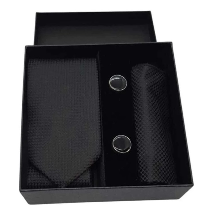 Kravat Düğme Set Siyah Desenli Kravat Mendil Kol Düğmesi Özel Set