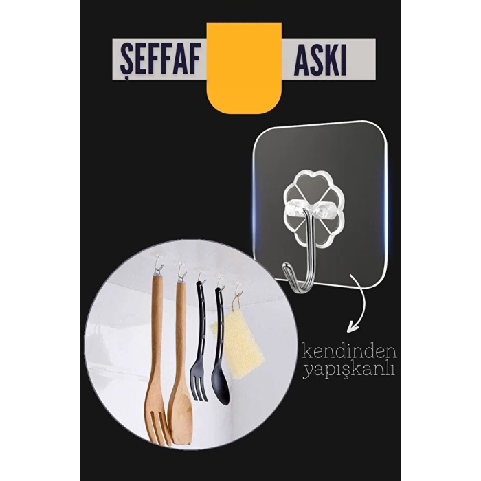 Şeffaf Yapışkanlı Askı, Mutfak Banyo Duvar Askısı, Çivisiz Pratik Kanca Seti