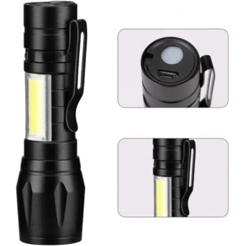 Taktikal Fener Led USB Ultra Güçlü Mini Boy Şarjlı El Feneri, Siyah