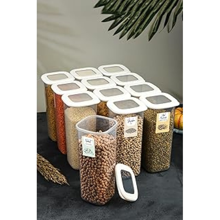 Vienev Renkli Etiketli 12Li Set Büyük Boy 1,75 Litre Etiketli Kare Erzak Saklama Kabı