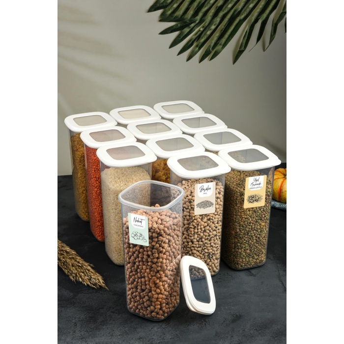 Vienev Renkli Etiketli 12Li Set Büyük Boy 1,75 Litre Etiketli Kare Erzak Saklama Kabı