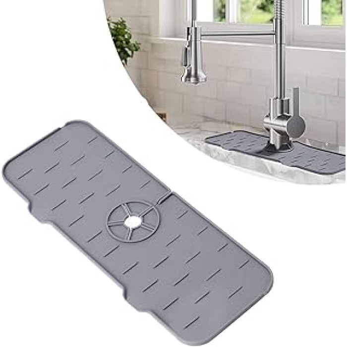Mutfak Lavabo Sıçrama Koruyucu - Silikon Musluk Sapı Damlama Tutucu Tepsi, Bulaşık Deterjanı Dağıtıcısı ve Musluğun Arkasında Sünger Tutucu Mat, Mutfak Tezgahı ve Banyo için