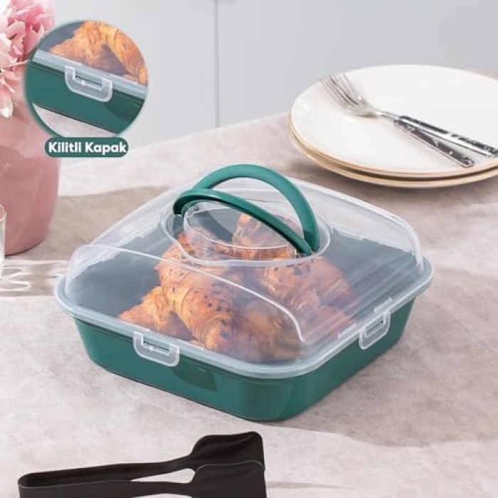 1095 Yeşil Pasta Kek Börek Kabı - Taşıma çantası - Kilitli Fanus