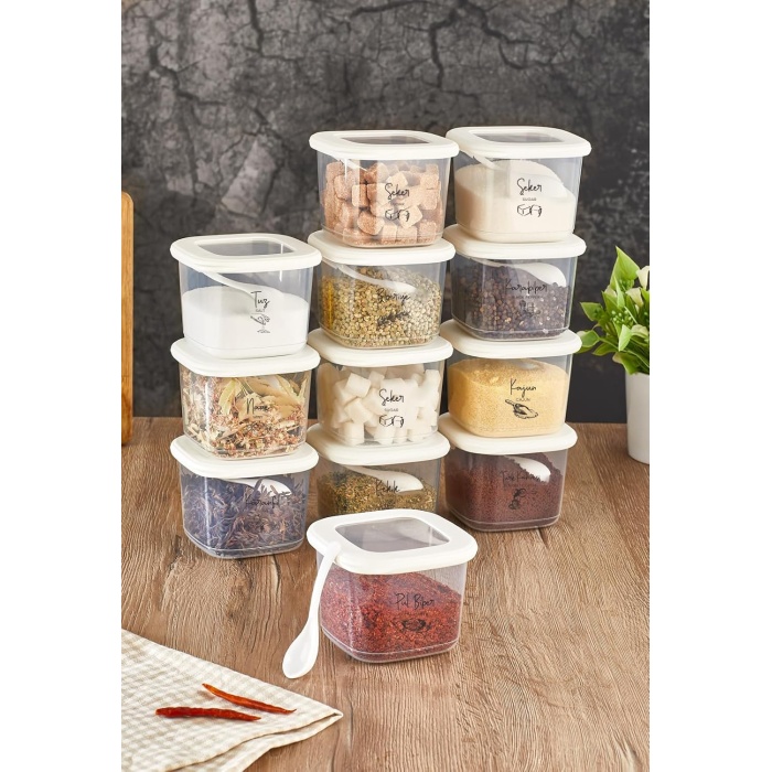 Vienev Siyah Serigrafi Etiketli Kaşıklı Foly Erzak Saklama Kabı 12Li Set Küçük Boy 0,55 Litre Beyaz