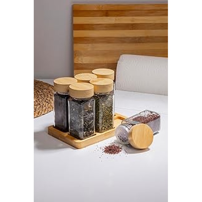 Doğal Bambu Kapaklı 6lı Cam Baharatlık Seti Vakumlu Kapak Ve Ahşap Stand