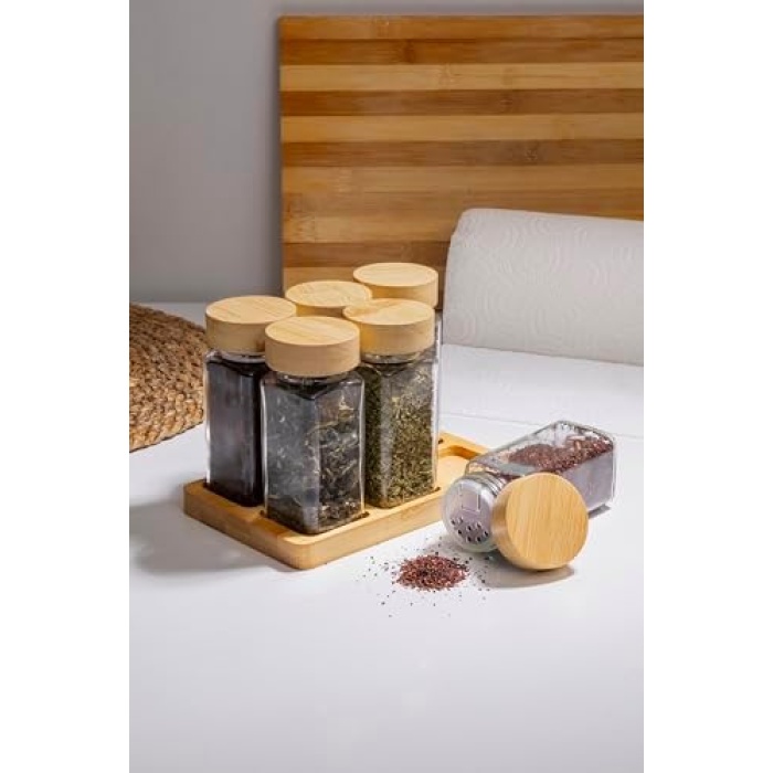 Doğal Bambu Kapaklı 6lı Cam Baharatlık Seti Vakumlu Kapak Ve Ahşap Stand