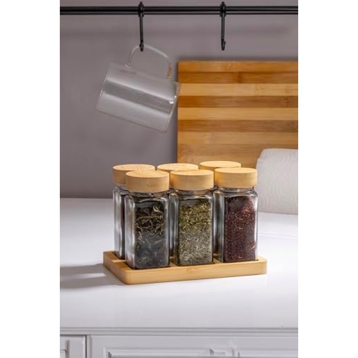 Doğal Bambu Kapaklı 6lı Cam Baharatlık Seti Vakumlu Kapak Ve Ahşap Stand