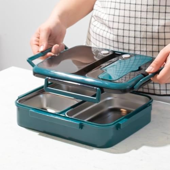 1392 Çelik Isı Yalıtımlı 3 Bölmeli Yemek Termosu Beslenme Kutusu Lunchbox Sefer Tası - Yeşil