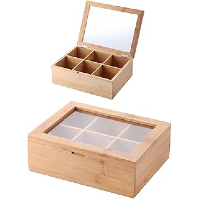 Bambu 6 Bölmeli Çay Kutusu -%100 Orjinal Bambu Mıknatıslı Kapak 21x16,5 x7cm