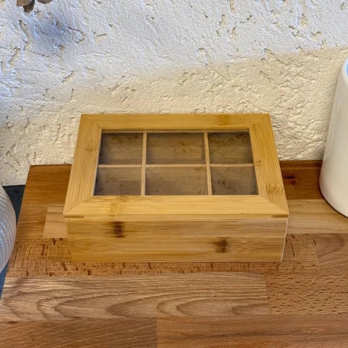 Bambu 6 Bölmeli Çay Kutusu -%100 Orjinal Bambu Mıknatıslı Kapak 21x16,5 x7cm