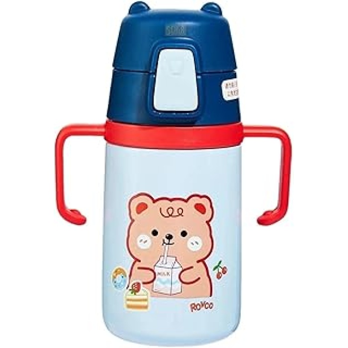400ml Silikon Pipetli Sevimli Ayıcıklı Boyun Askılı Bebek Kulplu Paslanmaz Çelik Termos (Lacivert)