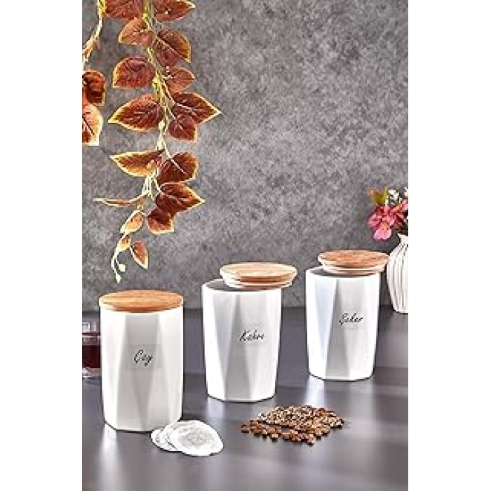 3 lü Vakumlu Ahşap Kapaklı Beyaz Çay/Kahve/Şeker/Tuz Kavanozu Seti- Prizma Saklama Kabı