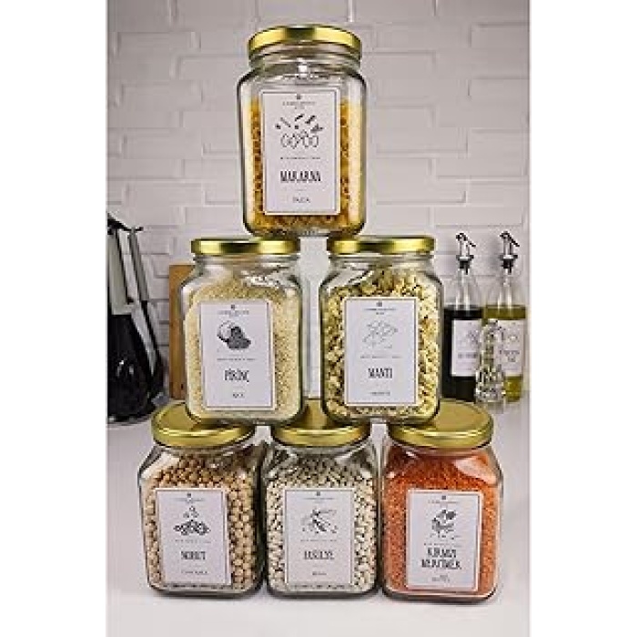 Vetro 6lı Bakliyat Kavanoz Seti ve 24 Adet Bakliyat Etiketli 1600 Ml Gold Kapaklı SH-005