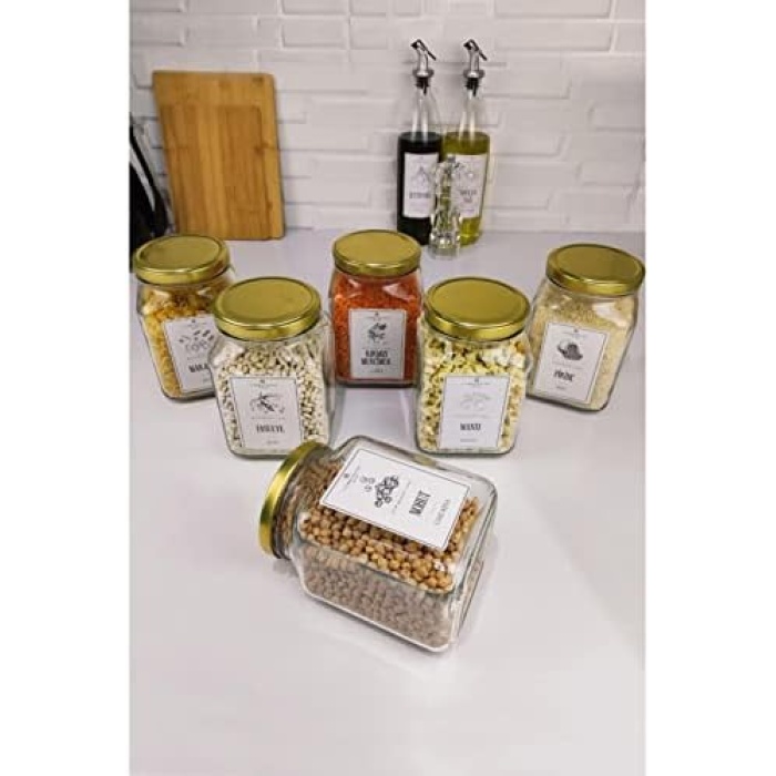 Vetro 6lı Bakliyat Kavanoz Seti ve 24 Adet Bakliyat Etiketli 1600 Ml Gold Kapaklı SH-005