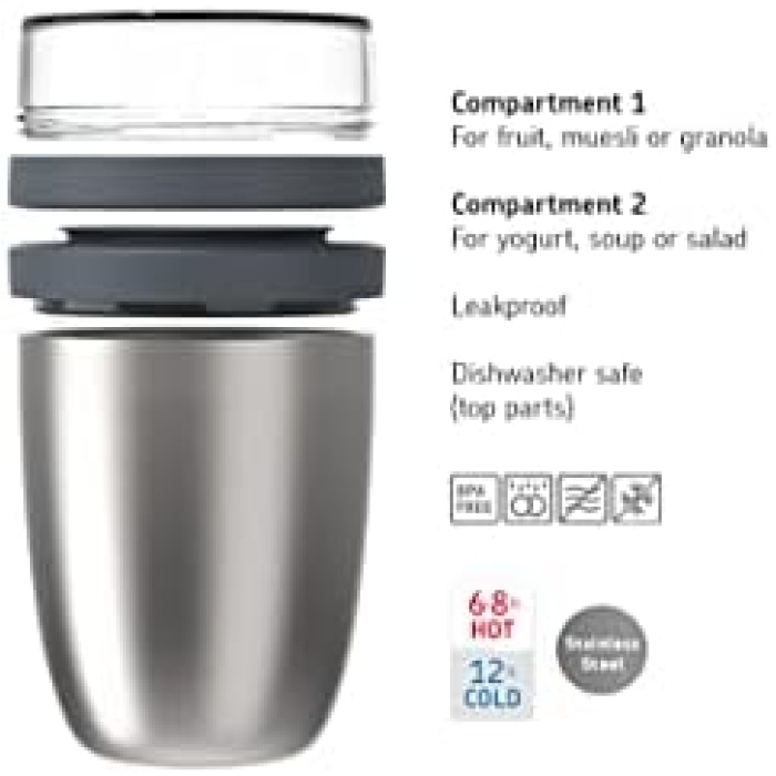 Elips gül altın beslenme kabı, 500 ml pratik termal yemek kabı, yoğurt bardağı, to go bardak – yemekleri uzun süre sıcak veya serin tutar, polipropilen, 500 + 200 ml