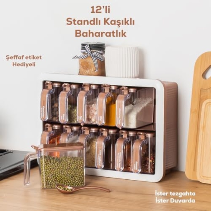 1120 12li Standlı Kendinden Yapışkanlı Kaşıklı Kapaklı Baharatlık Saklama Kabı Seti - Rose Gold Beyaz