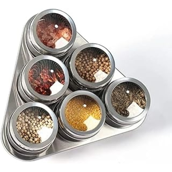 Manyetik Baharatlık Seti, Paslanmaz Çelik 6 Baharat Kavanozu ve Metal Stand, Şeffaf Kapaklı, Mıknatıslı ve Dayanıklı Tasarım, Duvar ve Buzdolabına Monte Edilebilir (Üçgen)
