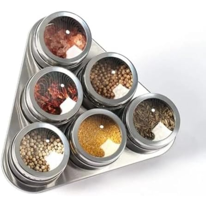 Manyetik Baharatlık Seti, Paslanmaz Çelik 6 Baharat Kavanozu ve Metal Stand, Şeffaf Kapaklı, Mıknatıslı ve Dayanıklı Tasarım, Duvar ve Buzdolabına Monte Edilebilir (Üçgen)